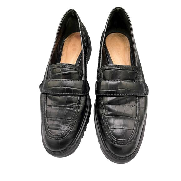 Schutz Women’s Black Leather Loafers 10B “Romina” Croc Embossed Non-Slip Office - Picture 1 of 6